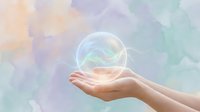 Hands holding transparent glass sphere with swirling energy patterns against soft pastel watercolor background for wellness and spiritual concepts.