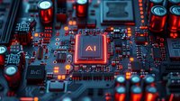 Glowing AI processor on circuit board with red illumination and electronic components in futuristic cyberpunk style. Modern computing technology concept.
