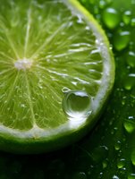 Fresh lime slice with pure water drop macro photography showing citrus texture and juicy pulp detail against dark green background with water droplets.
