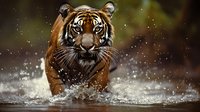 Majestic Bengal tiger splashing through water with intense gaze, water droplets spraying in sunlight against dark background, displaying power and natural hunting behavior.