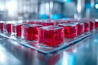 Red translucent jelly cubes arranged in rows on glass surface with soft blue bokeh background, selective focus on front cube creates modern minimalist composition.