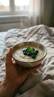 Unrecognizable person holding bowl of creamy oatmeal porridge topped with fresh blueberries and mint leaves in bright bedroom with unmade bed and window light, breakfast in bed concept.