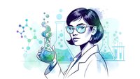 Female scientist in lab coat holding glowing test tube with molecular structures. Chemistry research and scientific discovery concept for educational materials.