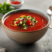 Fresh tomato gazpacho soup topped with colorful vegetable salsa in ceramic bowl on stone surface, perfect for summer dining.