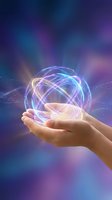 Human hands holding glowing energy sphere with light trails on purple blue gradient background for technology and innovation concepts.