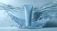 Light blue cosmetic tube floating in dynamic water splash with droplets and waves, clean minimalist skincare product packaging on aqua background.