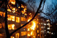 Burning apartment building at night with silhouette of tree branches in foreground, dramatic orange flames and smoke visible through windows creating glowing effect.