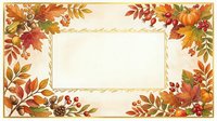 Autumn foliage frame with fall leaves, berries, and pumpkins in warm orange and red tones surrounding blank center space for text or design placement.