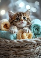 Adorable fluffy kitten with big eyes peeking from wicker basket filled with rolled pastel towels against soft bokeh background, creating cozy spa atmosphere.