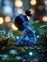 Magical glowing silhouette of young girl in starry dress sitting among white flowers at dusk, with soft bokeh lights creating enchanting forest atmosphere.