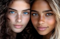 Two young women with striking blue and brown eyes pose together in close portrait showing natural beauty and friendship connection for lifestyle content.