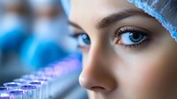 Close up portrait of medical professional with bright blue eyes wearing surgical cap and mask in laboratory setting with test tubes in foreground.