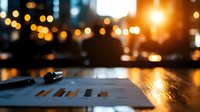 Business report with graphs on wooden desk at sunset, blurred city lights and warm bokeh in background, pen lying nearby creates professional atmosphere.