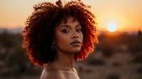 Portrait of confident African American woman with natural curly afro hair at golden hour sunset, warm lighting creating beautiful glow for beauty campaigns.