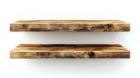 Empty wooden floating shelves with rustic texture and natural grain pattern mounted on white wall, ready for product display and home decoration.