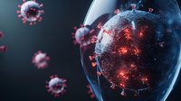 Conceptual visualization of global virus pandemic with glowing red coronavirus particles surrounding Earth planet against dark background. Medical science illustration.