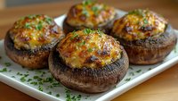 Baked portobello mushroom caps filled with melted cheese, herbs and seasonings on white ceramic plate, garnished with fresh chopped parsley. Appetizing keto meal.