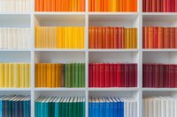 Colorful books arranged by spectrum colors on white shelves creating rainbow pattern, organized library collection shows minimalist aesthetic and color coordination.