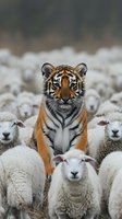 Young tiger cub sitting among flock of white sheep, surreal nature concept showing unexpected animal friendship and peaceful coexistence in wildlife setting.