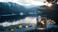 Glowing paper crown in glass against mountain lake sunset backdrop, with scattered origami crowns creating magical bokeh effect on dark surface.