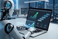 Futuristic robot analyzing financial data on laptop screen showing growth charts and analytics in modern tech office environment.