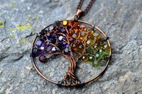 Handcrafted copper wire tree of life pendant with colorful gemstone beads on chain, artisan jewelry for spiritual and nature lovers.