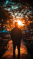 Silhouette of man standing alone on wooden path at dusk, surrounded by glowing string lights and trees creating magical evening atmosphere in outdoor cafe setting.