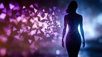 Silhouette of woman dissolving into geometric particles against purple and blue bokeh background, representing transformation and digital consciousness.