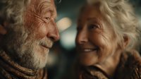 Elderly couple sharing intimate moment, senior man and woman looking at each other with love and warmth, mature romance and lifelong partnership concept.