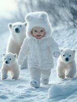 Caucasian toddler wearing white winter outfit and polar bear hat, surrounded by four young polar bears in snowy arctic landscape. Suitable for children's books, holiday campaigns, and winter-themed designs.