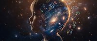 Young woman profile with cosmic universe brain containing galaxies, stars, planets and space elements representing imagination, creativity and infinite possibilities.