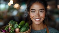 Young Asian woman with bright smile holding fresh organic vegetables in woven basket at farmers market, wearing brown apron against blurred background with bokeh lights.