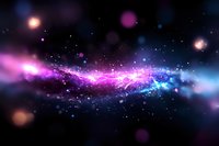 Magical cosmic energy burst with glowing pink and blue light trails against dark space background, sparkling particles and bokeh effects create mystical atmosphere.