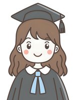 Cute cartoon graduate student with long brown hair wearing academic cap and gown with blue tie. Kawaii style illustration on white background for education designs.