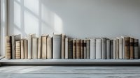Row of vintage hardcover books arranged on white wooden shelf against minimalist wall with natural window light and shadow patterns. Serene library atmosphere.