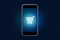 Modern smartphone displaying glowing shopping cart icon on dark blue background, concept of mobile commerce and online shopping applications.