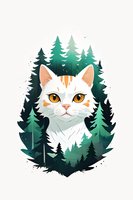 Artistic illustration of a white and ginger cat portrait framed by mystical forest scenery, perfect for nature-themed designs, prints and merchandise. Forest silhouettes create atmospheric composition
