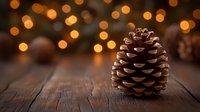 Pine cone on rustic wooden table with warm glowing bokeh lights in background creating cozy festive holiday atmosphere. Natural winter decor element.