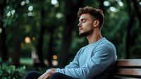 Young Caucasian man in blue sweater sitting peacefully on park bench with eyes closed, enjoying moment of tranquility and mindfulness in natural outdoor setting.