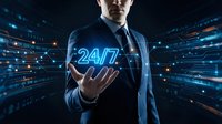 Businessman in suit holding glowing 24/7 text with digital technology background representing continuous service and support availability.