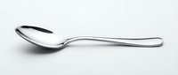 Stainless steel spoon with polished finish and elegant curved handle, isolated on white background for kitchenware design and tableware projects.