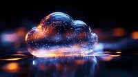 Glowing translucent cloud shape with sparkles and light trails on reflective dark surface against blurred orange bokeh background, digital technology concept.