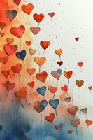 Romantic heart-shaped balloons in red, orange and blue tones floating against gradient background, perfect for Valentine's Day cards, wedding invitations and love-themed designs.