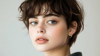 Young woman with short brown hair and blue eyes looking at camera with natural makeup and casual style for lifestyle and beauty content.