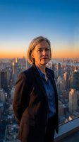Mature woman professional in dark blazer and blue shirt standing on high-rise rooftop overlooking sprawling cityscape at golden hour sunset, urban business leadership concept.