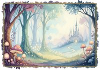 Enchanted forest path leading to fairy tale castle with magical mushrooms and dreamy atmosphere for children book illustration and fantasy storytelling projects.