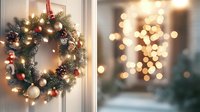 Festive wreath with silver and red ornaments, pinecones, and warm glowing lights hanging on white door, blurred bokeh Christmas lights background creates cozy atmosphere.