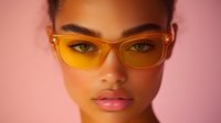 Young African American woman wearing trendy orange sunglasses with tinted lenses against pink background for fashion and eyewear advertising campaigns.