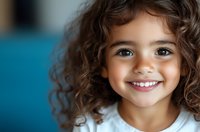 Cheerful young Hispanic girl with curly brown hair and bright smile wearing white against blue background, natural lighting creates warm portrait atmosphere.