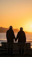 Senior couple holding hands on bench watching golden sunset over ocean waves creating romantic silhouette moment together in peaceful evening light.